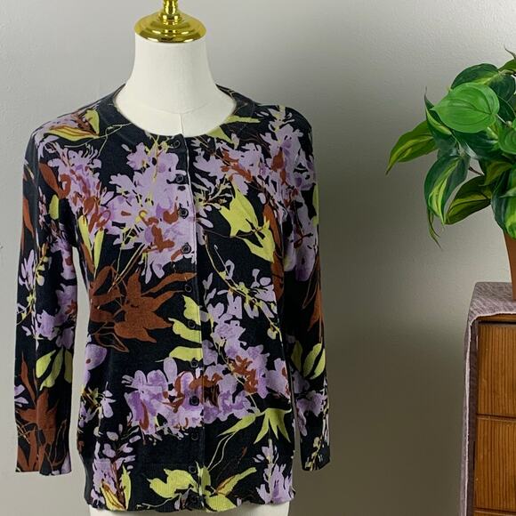 Kenar Black Floral Cotton Blend Cardigan Sweater Size Medium - Picture 1 of 8